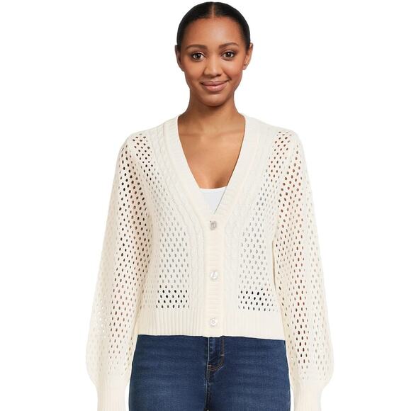 No Boundaries Womens Juniors Large 11-13 Mesh Sweater Cardigan Winter White - Picture 1 of 11